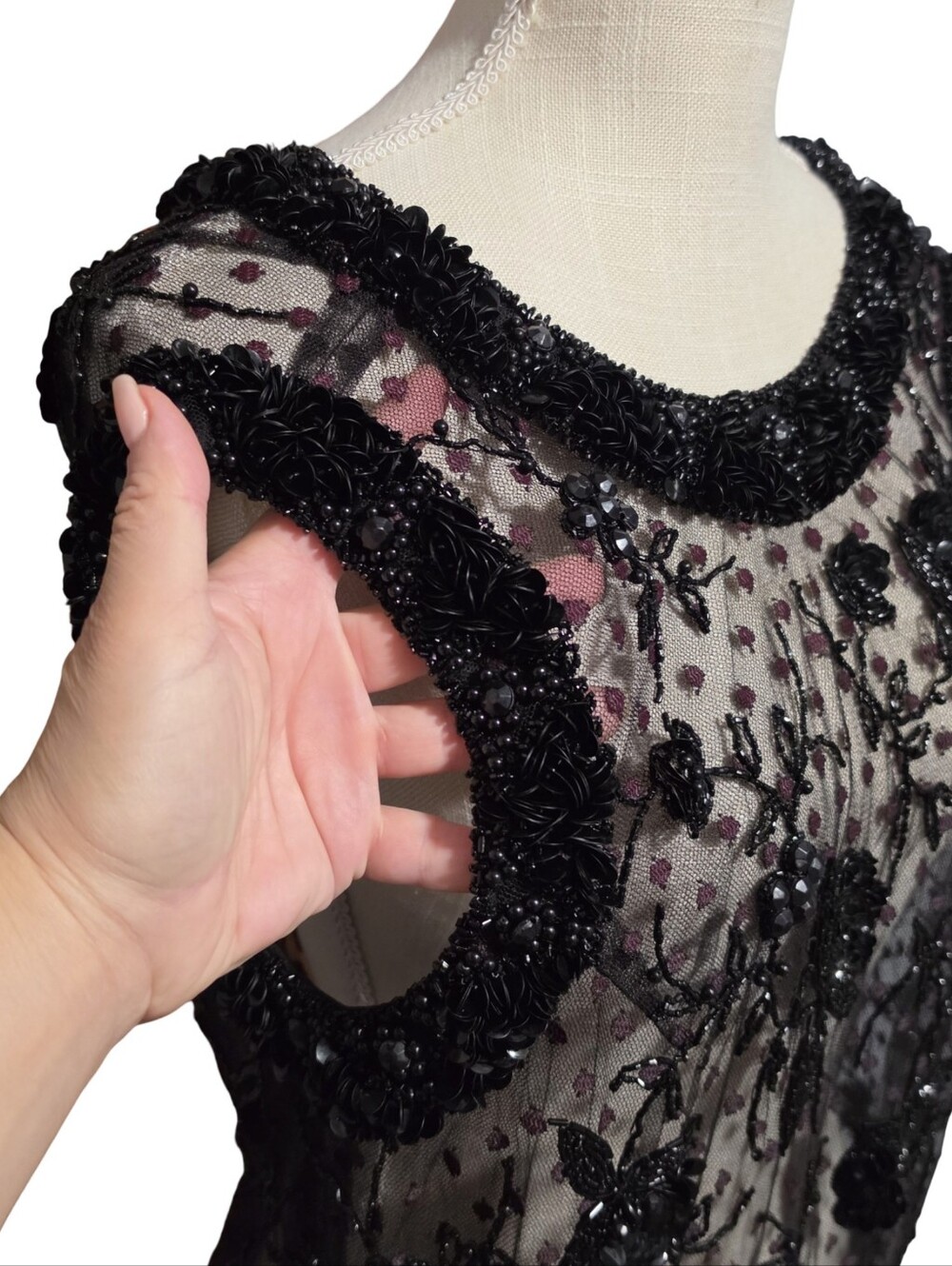 VINTAGE Beaded Mesh Top Womens Medium Black Floral Sequin British Hong Kong - Picture 4 of 8
